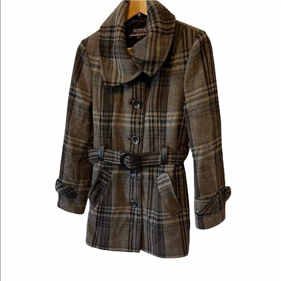NOVELTI Juniors Brown Plaid Wool Blend Button Coat - Picture 1 of 8